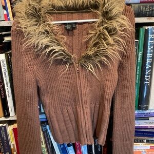 Knit zipper cardigan with faux fur collar and cuffs. Dark tan